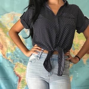 Navy blue polka dot tie top